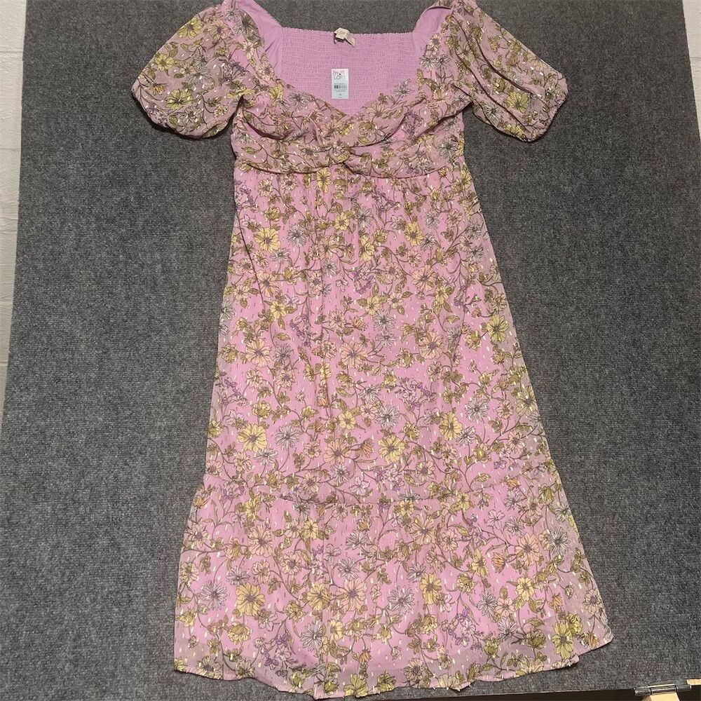 NWT LOFT Petite Floral Midi Dress Pink Empire Waist Size 16 Spring Casual